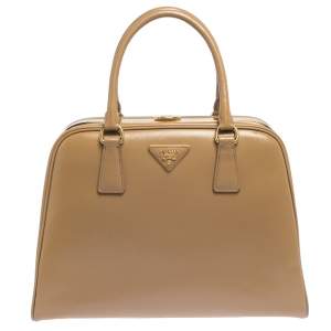Pre Owned  Prada Beige Saffiano Venice Leather Pyramid Frame Top Handle Bag 
