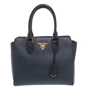 Pre Owned Prada Navy Blue Saffiano Lux Leather Magentic Closure Tote