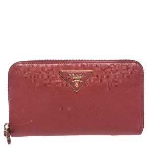 Pre Owned Prada Red Saffiano Lux Leather Zip Around Wallet