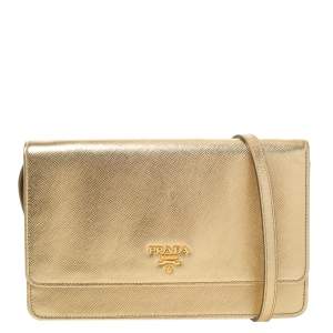 Pre Owned Prada Metallic Gold Saffiano Lux Leather Flap Crossbody Bag