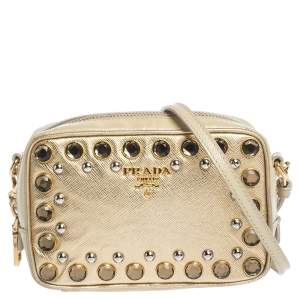 Pre Owned Prada Metallic Gold Saffiano Lux Leather Studded Mini Crossbody Bag