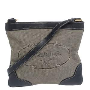 Pre Owned Prada Dark Blue/White Logo Jacquard Canvas and Leather Crossbody Bag