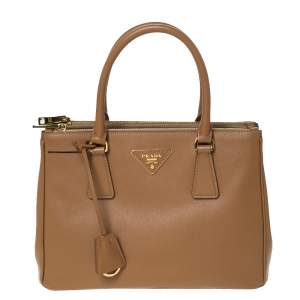 Pre Owned Prada Caramel Saffiano Lux Leather Double Zip Tote