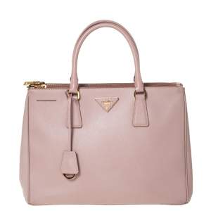 Pre Owned Prada Pale Pink Saffiano Lux Leather Medium Double Zip Tote