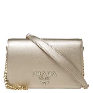 Pre Owned Prada Metallic Gold Saffiano Leather Logo Flap Chain Shoulder Bag
