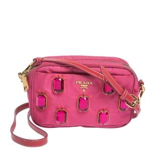 Pre Owned Prada Two Tone Pink Nylon and Patent Leather Jeweled Camera Crossbody Bag