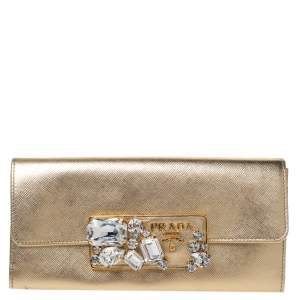 Prada Gold Saffiano Lux Leather Crystal Embellishment Continental Wallet