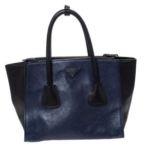 Pre Owned Prada Blue/Black Leather Twin Pocket Double Handle Tote