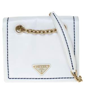 Pre Owned Prada White Tessuto Nylon Logo Plaque Flap Chain Shoulder Bag