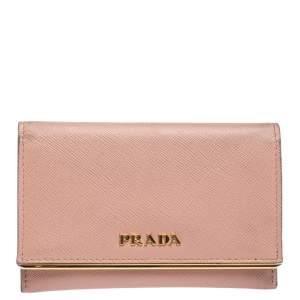 Pre Owned Prada Light Pink Saffiano Lux Leather Metal Flap Card Holder