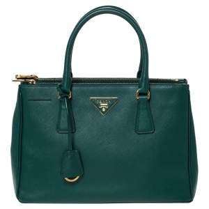 Pre Owned Prada Green Saffiano Lux Leather Small Double Zip Tote