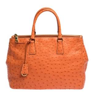 Pre Owned Prada Orange Ostrich Large Double Zip Tote