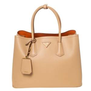 Pre Owned Prada Beige Saffiano Cuir Leather Medium Double Handle Tote
