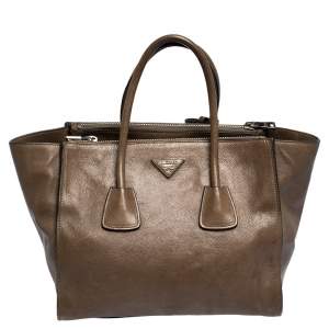 Pre Owned Prada Brown Leather Medium Twin Pocket Double Handle Tote