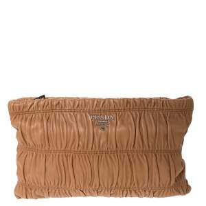 Pre Owned Prada Tan Nappa Gaufre Leather Clutch