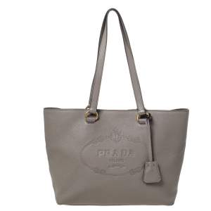 Pre Owned Prada Grey Vitello Daino Leather Logo Embossed Tote