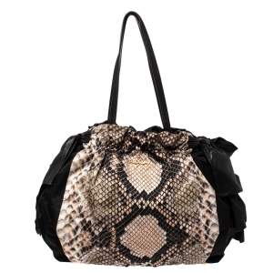 Pre Owned Prada Black Python Print Nylon and Leather Bow Shoulder Bag