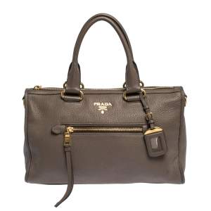 Pre Owned Prada Dark Beige Vitello Daino Leather Zip Tote