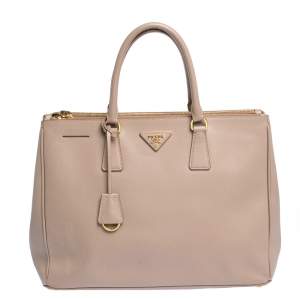 Pre Owned Prada Nude Beige Saffiano Lux Leather Large Double Zip Tote