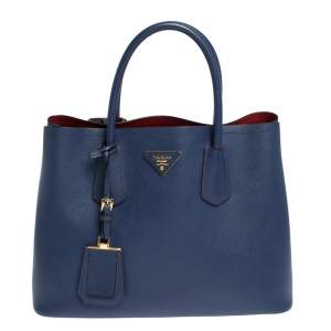Pre Owned حقيبة يد برادا يد مزدوجة جلد سافيانو كوير أزرق 