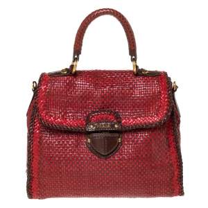 Pre Owned Prada Red/Brown Woven Leather Madras Top Handle Bag