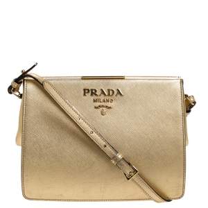 Pre Owned Prada Gold Saffiano Lux Leather Light Frame Shoulder Bag
