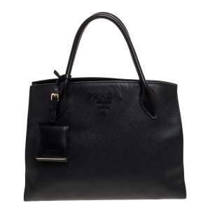 Pre Owned Prada Black Saffiano Leather Monochrome Tote