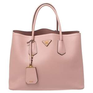 Pre Owned Prada Pink Saffiano Cuir Leather Medium Double Handle Tote