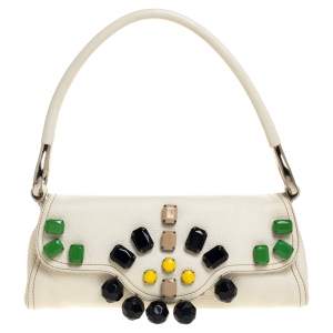 Pre Owned Prada White Leather Embellished Flap Bag