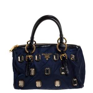 Prada Blue/Black Nylon and Patent Leather Jewel Embellished Boston Bag
