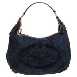 Pre Owned Prada Blue/Tan Denim and Leather Hobo