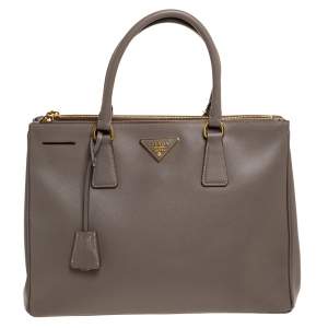Pre Owned Prada Beige Saffiano Lux Leather Medium Galleria Double Zip Tote
