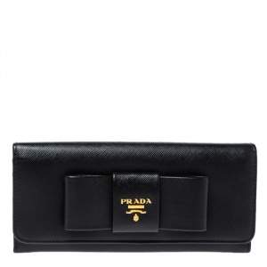 Pre Owned Prada Black Saffiano Lux Leather Bow Continental Wallet