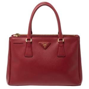 Pre Owned Prada Red Saffiano Lux Leather Small Galleria Double Zip Tote