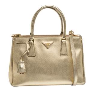 Pre Owned Prada Metallic Gold Saffiano Leather Small Galleria Double Zip Tote