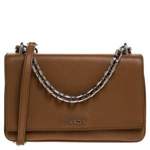 Pre Owned Prada Caramel Brown Leather Flap Chain Shoulder Bag