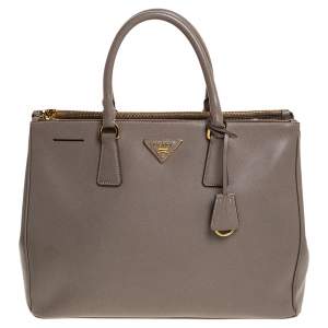 Pre Owned Prada Grey Saffiano Lux Leather Large Double Zip Tote