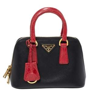 Pre Owned Prada Black/Red Saffiano Lux Leather and Croc Mini Promenade Crossbody Bag