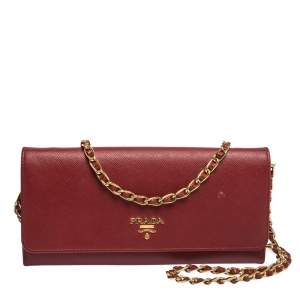 Pre Owned Prada Red Saffiano Lux Leather Wallet on Chain