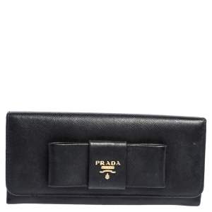 Pre Owned Prada Black Saffiano Leather Bow Continental Wallet