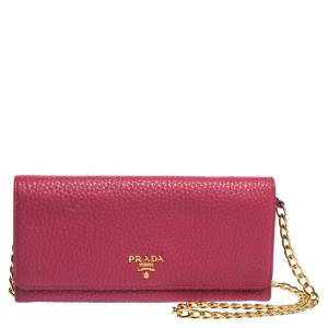 Pre Owned Prada Pink Grained Leather Wallet on Chain