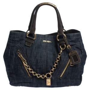 Pre Owned Prada Navy Blue Denim and Leather Chain Link Tote