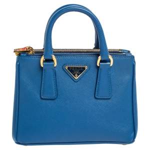Pre Owned Prada Blue Saffiano Lux Leather Micro Double Zip Tote