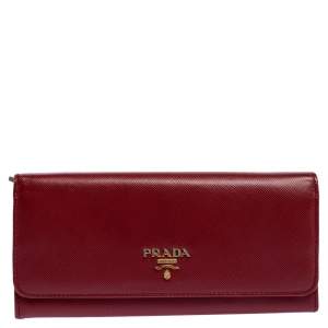 Prada Red Saffiano Lux Leather Logo Flap Continental Wallet