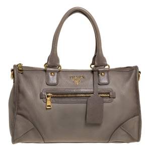 Pre Owned Prada Taupe Vitello Daino Leather Front Zip Tote