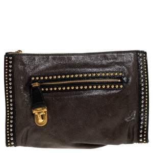 Pre Owned Prada Olive Green/Black Crackled Leather Studded Clutch