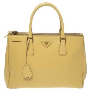 Pre Owned Prada Yellow Saffiano Lux Leather Medium Double Zip Tote