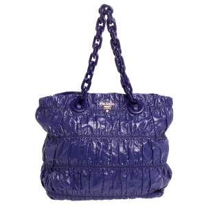 Pre Owned Prada Purple Gaufre Patent Leather Chain Tote 