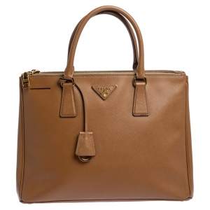 Pre Owned Prada Caramel Saffiano Lux Leather Medium Double Zip Tote