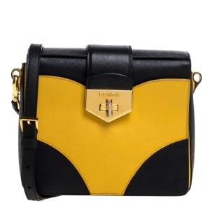 Pre Owned Prada Black/Yellow Saffiano Leather Turn-Lock Shoulder Bag